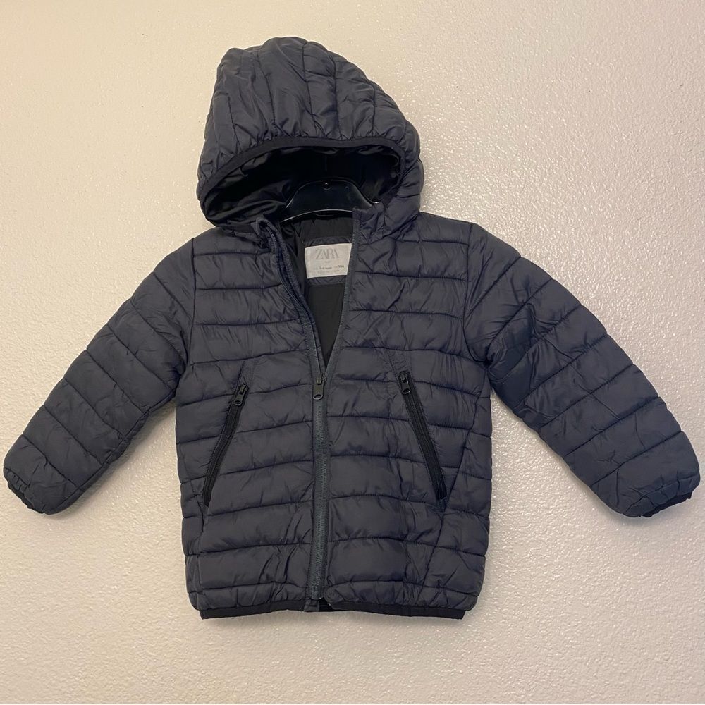 Zara Boys unisex hooded black puffer jacket kids 3-4